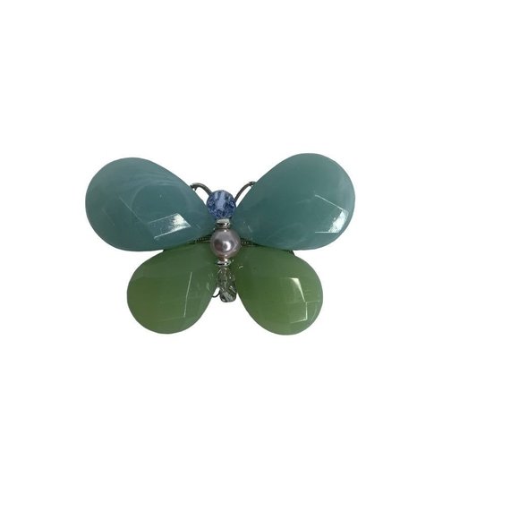 Vintage Faceted Blue Green Acrylic Butterfly Brooch 2" Silvertone Dimensional - Picture 3 of 6